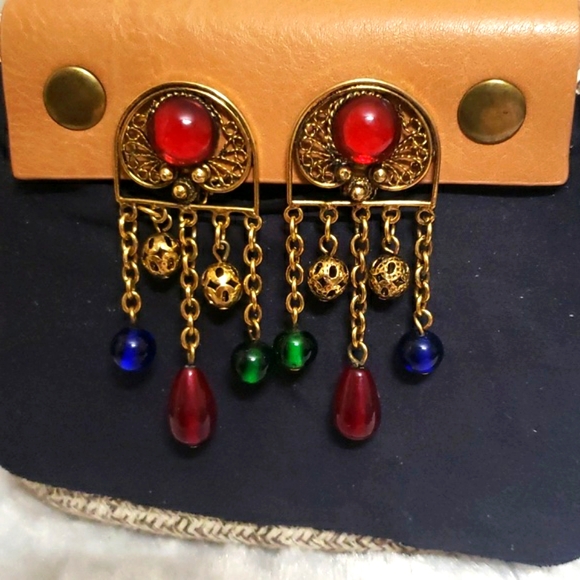 Antique Long Pretty Blue, Red, Green Cabochon Drop Dangle Beaded Earrings Matte. - Picture 6 of 8